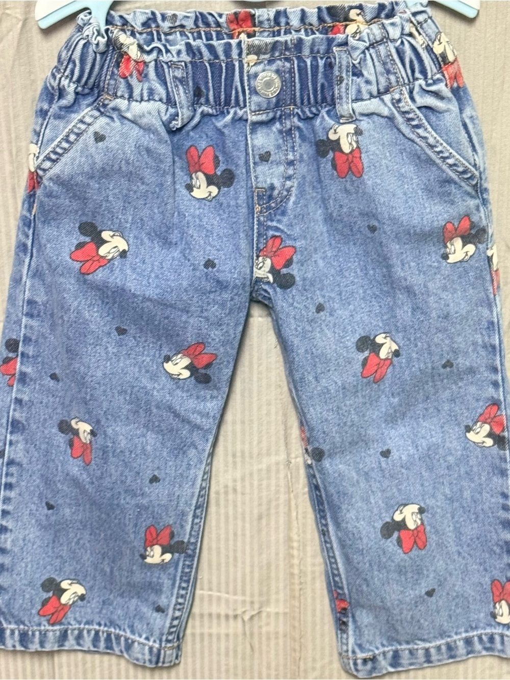 H&M Disney Minnie Mouse All Over Print Wide Leg Paperbag Denim Jeans 2T